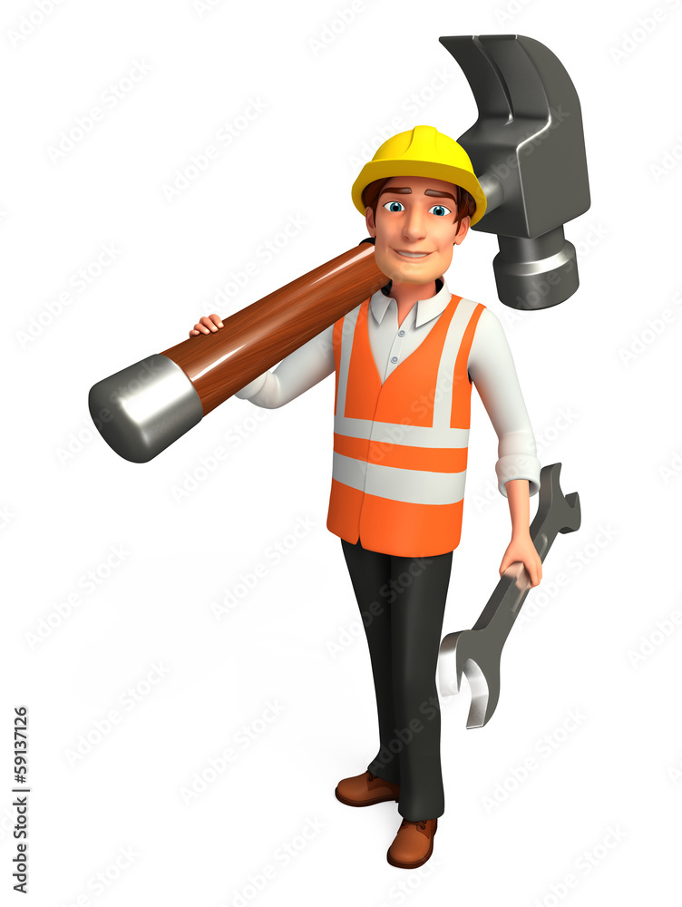 Worker with big hammer & wrench Worker with big hammer & wrench