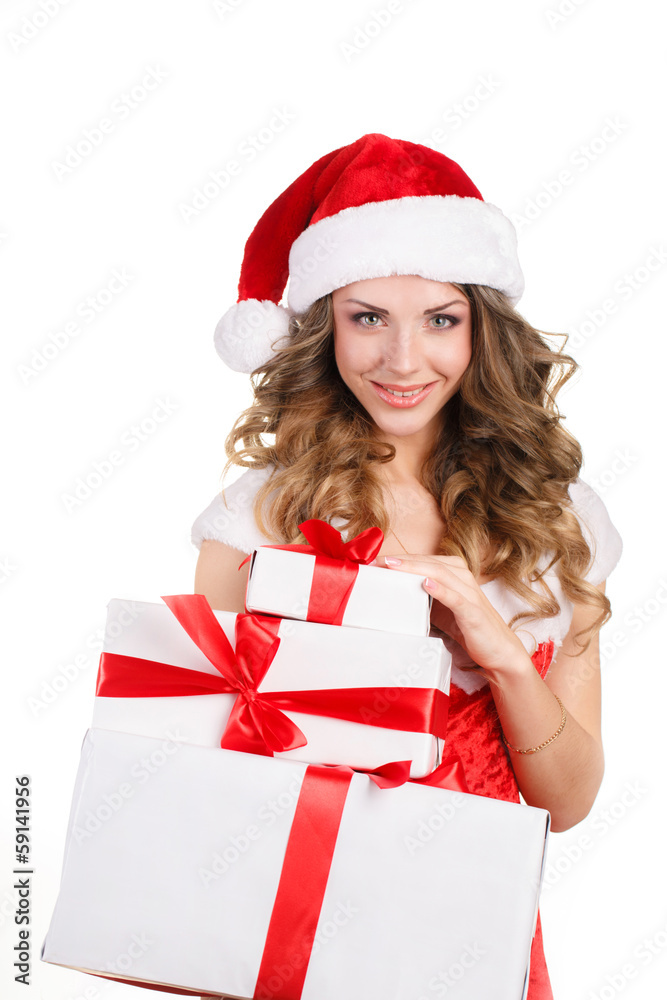Christmas Santa hat isolated woman portrait hold christmas gift. Christmas Santa hat isolated woman portrait hold christmas gift.