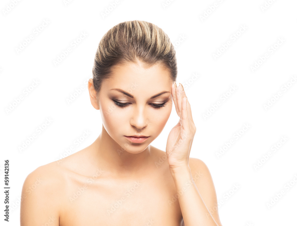 Close-up portrait of a tired and upset girl isolated on white Close-up portrait of a tired and upset girl isolated on white