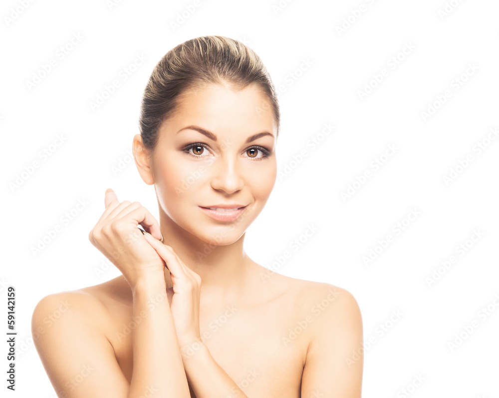Close-up portrait of a beautiful and happy woman in makeup
