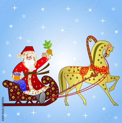 Fotografie Santa claus with the sack of gifts in sledges in a team with a h