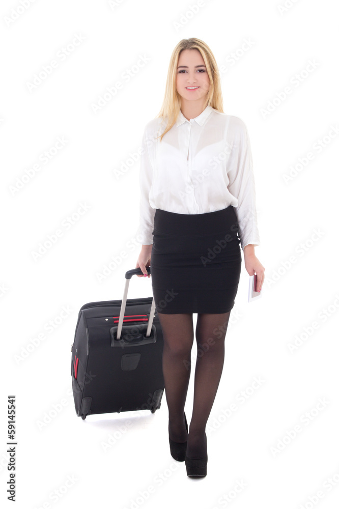 young attractive business woman with suitcase isolated on white young attractive business woman with suitcase isolated on white
