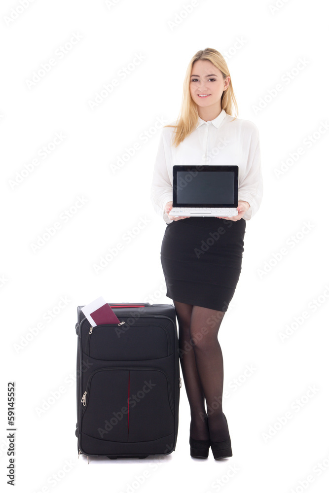 attractive business woman with suitcase, passport, ticket and la attractive business woman with suitcase, passport, ticket and la