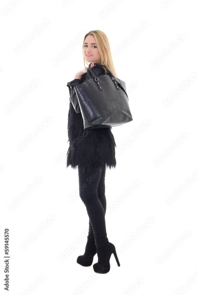 Fototapeta premium attractive trendy woman in warm clothes with handbag isolated on