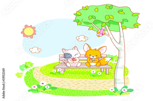 cute cartoon cat and squirrel are sitting in the garden