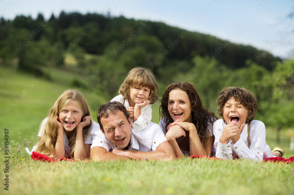 Big family is relaxing in green nature