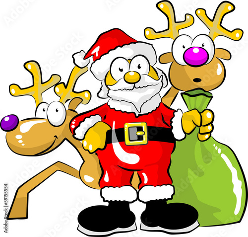 Santa claus with his bag of gifts and two reindeer