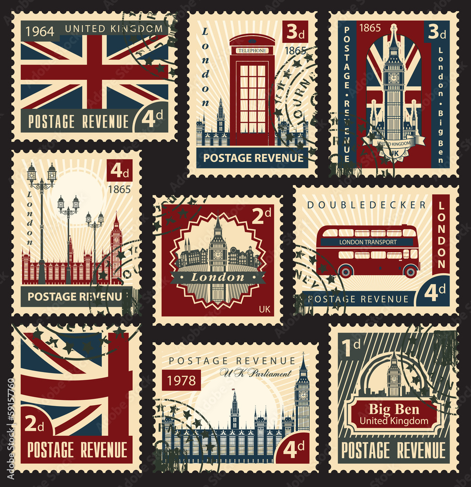 Naklejka premium zestaw znaczków z flagą zabytków Wielkiej Brytanii i Londynu