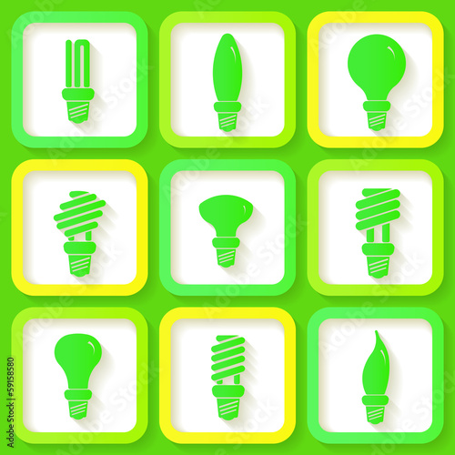 Set of 9 green icons of energy saving lamps. Eps10