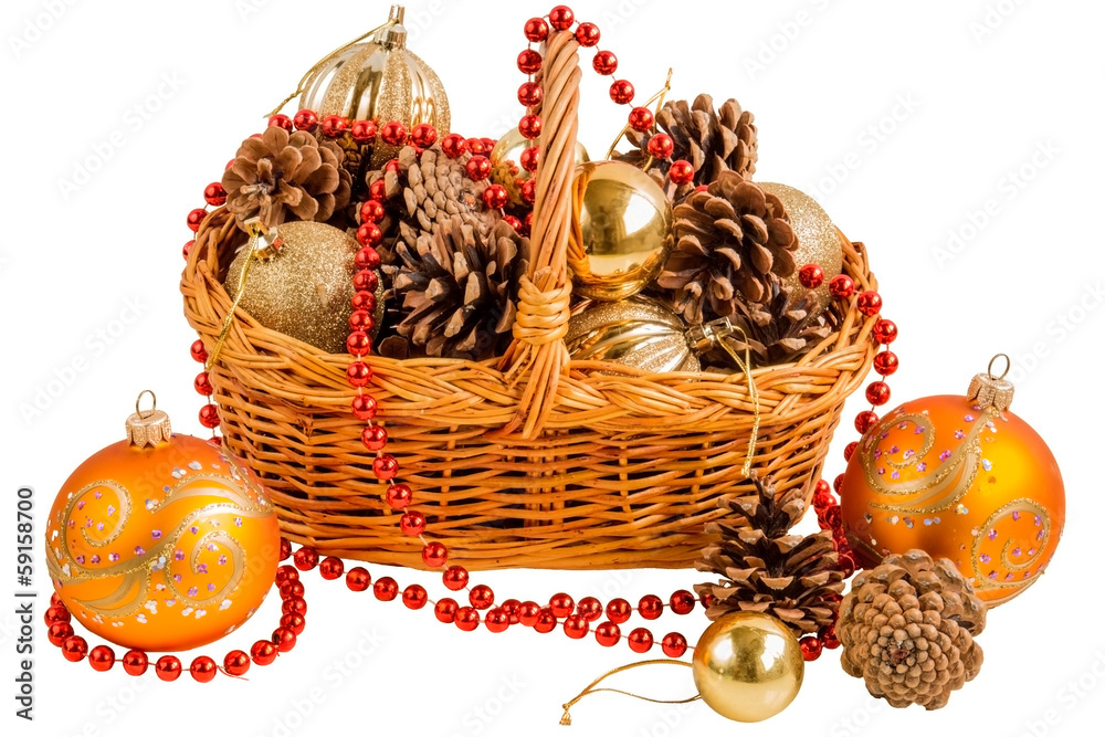 New year basket with pine cones and Christmas decorations