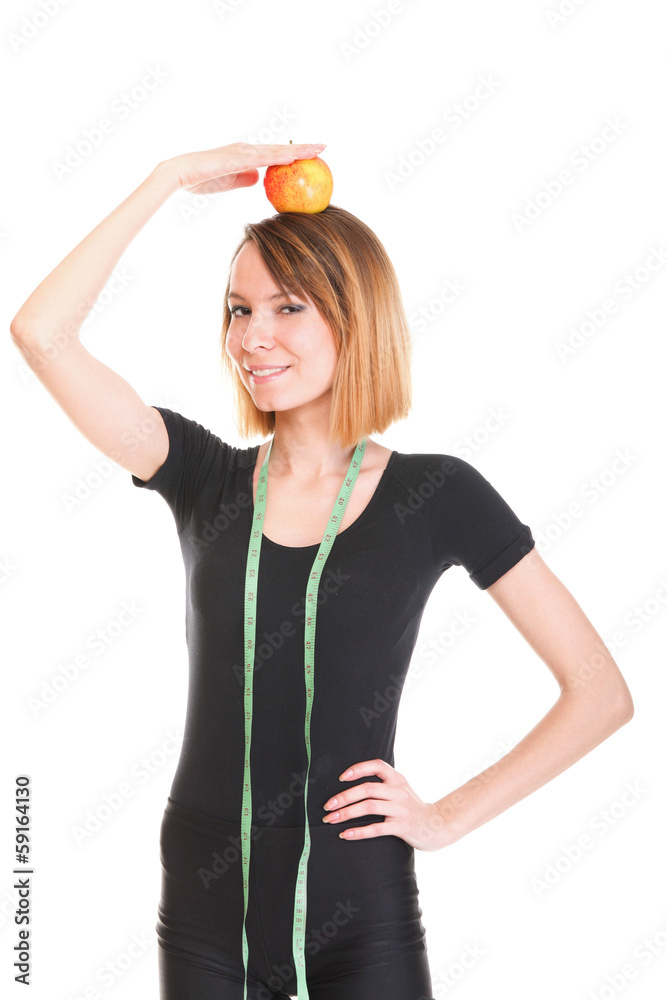 Pretty woman shows her weight loss wearing measure tapes isolate Pretty woman shows her weight loss wearing measure tapes isolate