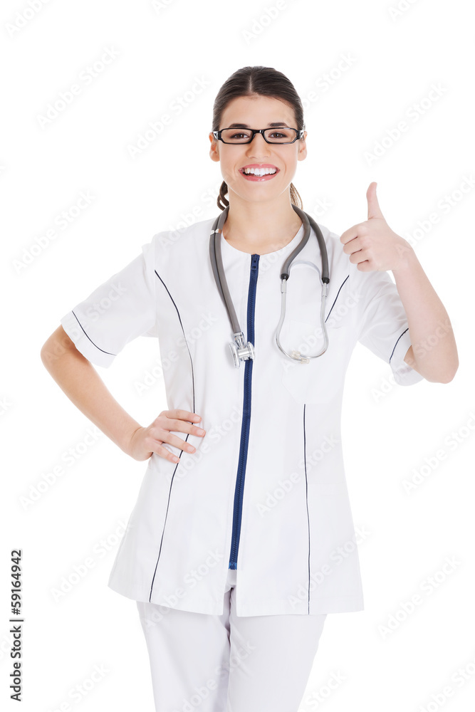 Young beautiful doctor, nurse with stethoscope. Young beautiful doctor, nurse with stethoscope.