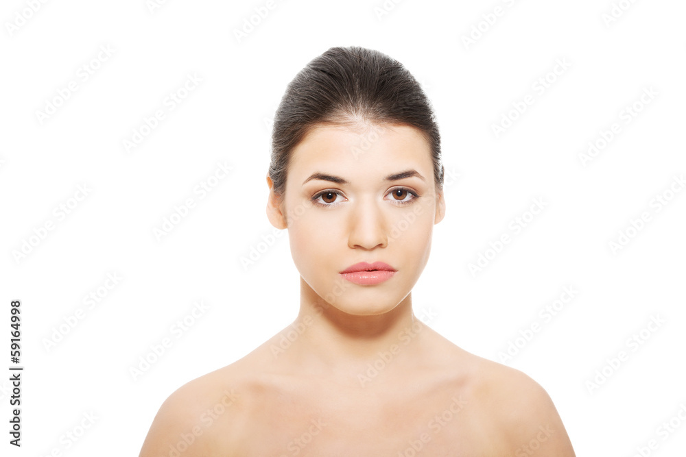 Portrait of beautiful topless woman touching her face. Portrait of beautiful topless woman touching her face.