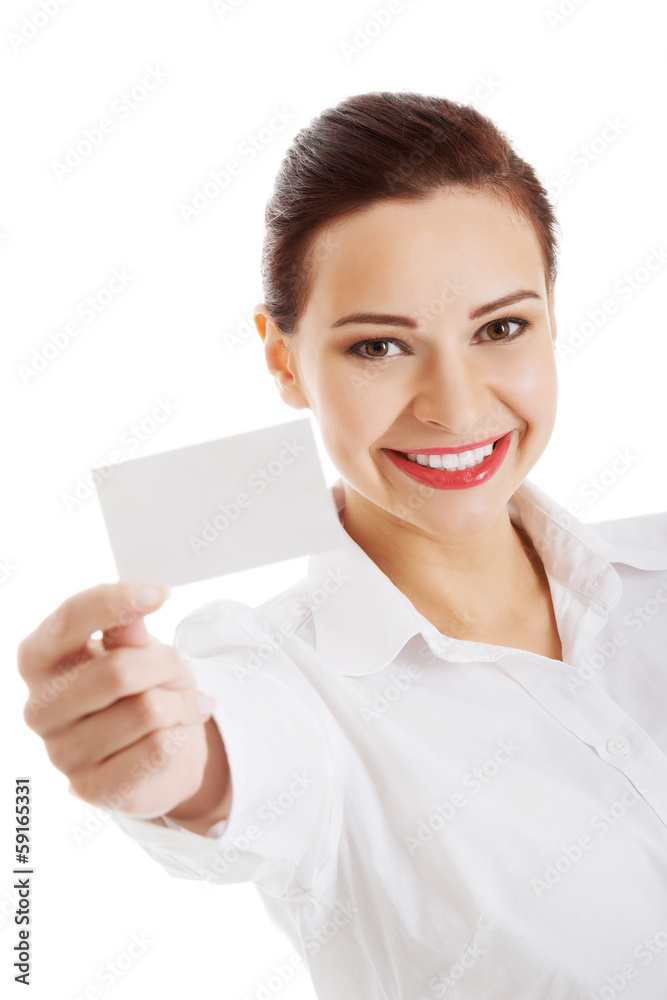 Beautiful business woman holding personal card. Beautiful business woman holding personal card.
