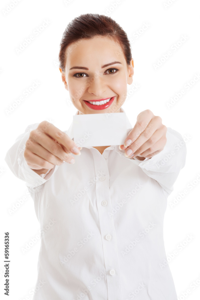 Beautiful business woman holding personal card. Beautiful business woman holding personal card.