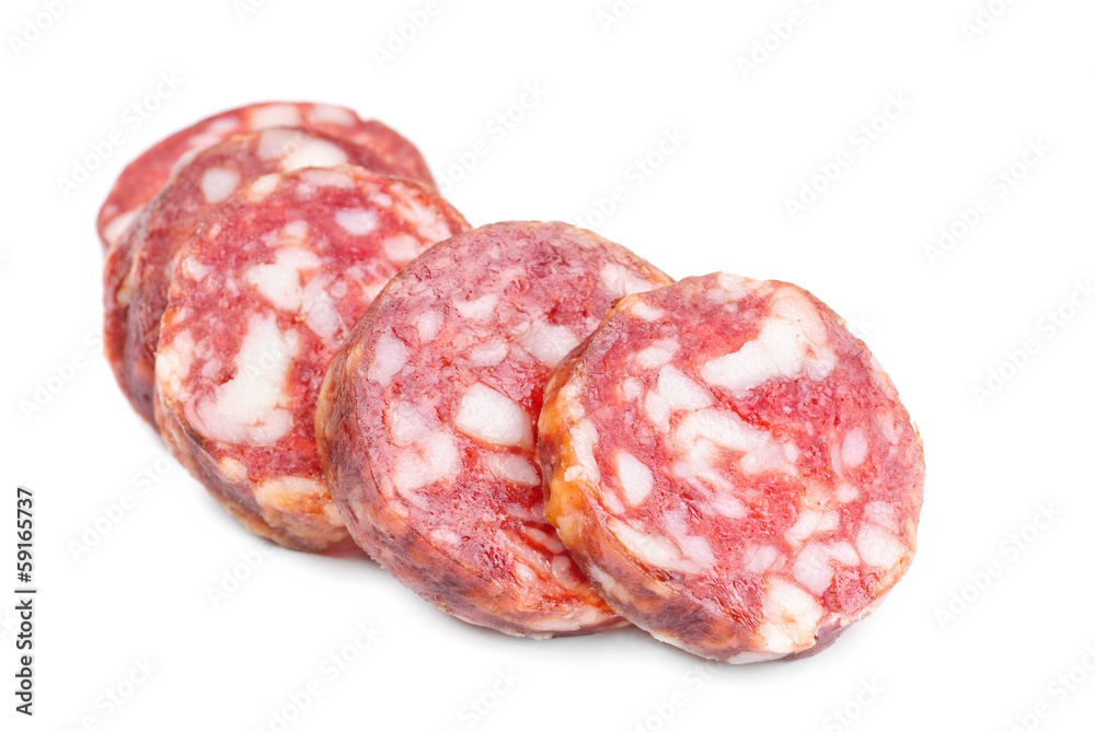 smoked sausage slices on a white background smoked sausage slices on a white background
