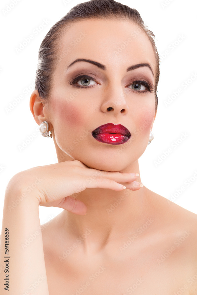 woman with bright red lips and jewellery posing woman with bright red lips and jewellery posing