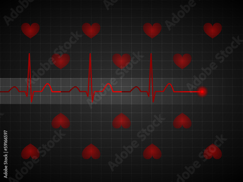 Abstract pulse line over the grid lines and red hearts