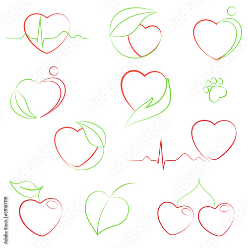 Set of hearts icons with health and eco motifs