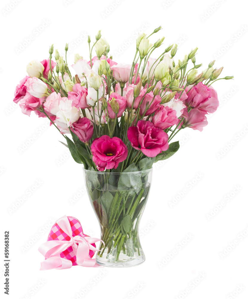 Pink eustoma flowers with  present  box