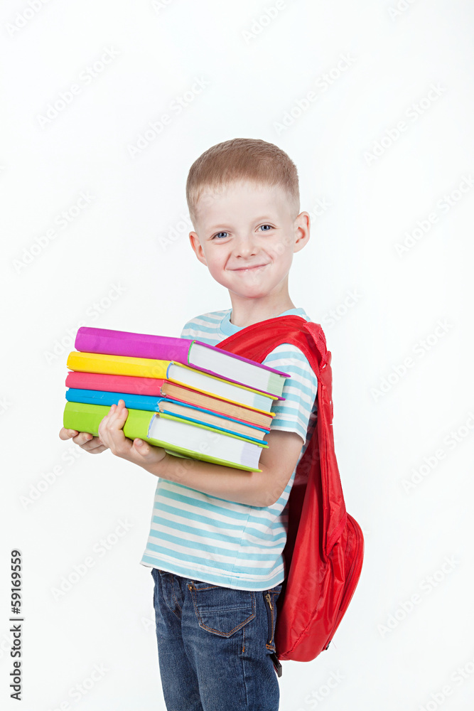 Boy and books isolated on a white background Boy and books isolated on a white background