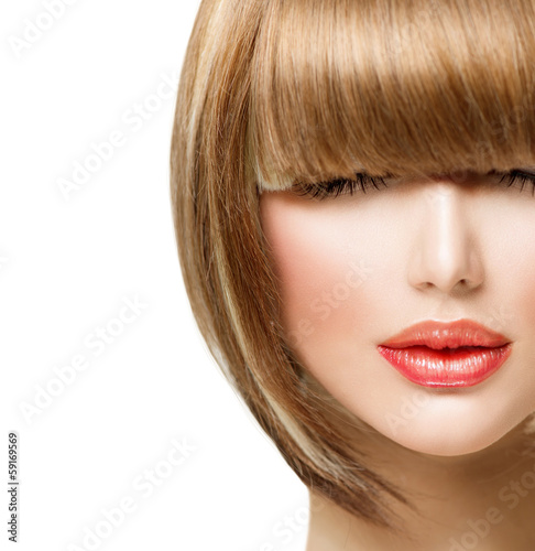 Fringe Hairstyle. Beauty Girl with short Hair
