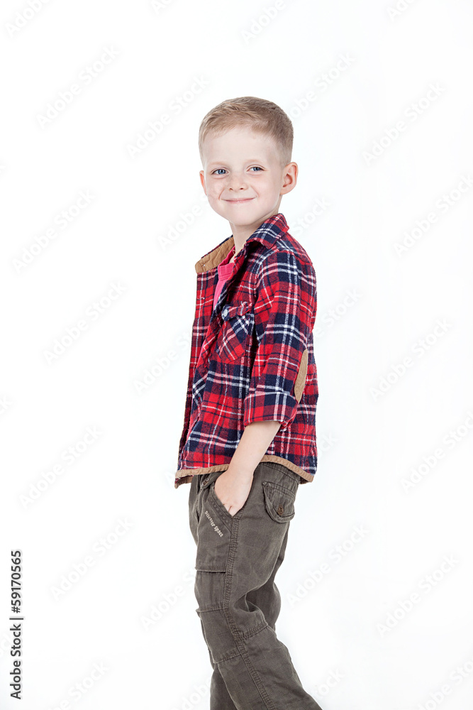 Portrait of happy boy with hands in pockets isolated on white ba Portrait of happy boy with hands in pockets isolated on white ba