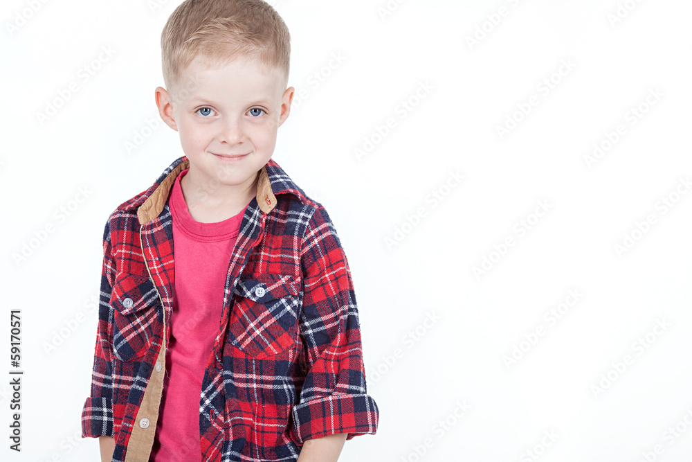 Portrait of happy boy with hands in pockets isolated on white ba Portrait of happy boy with hands in pockets isolated on white ba