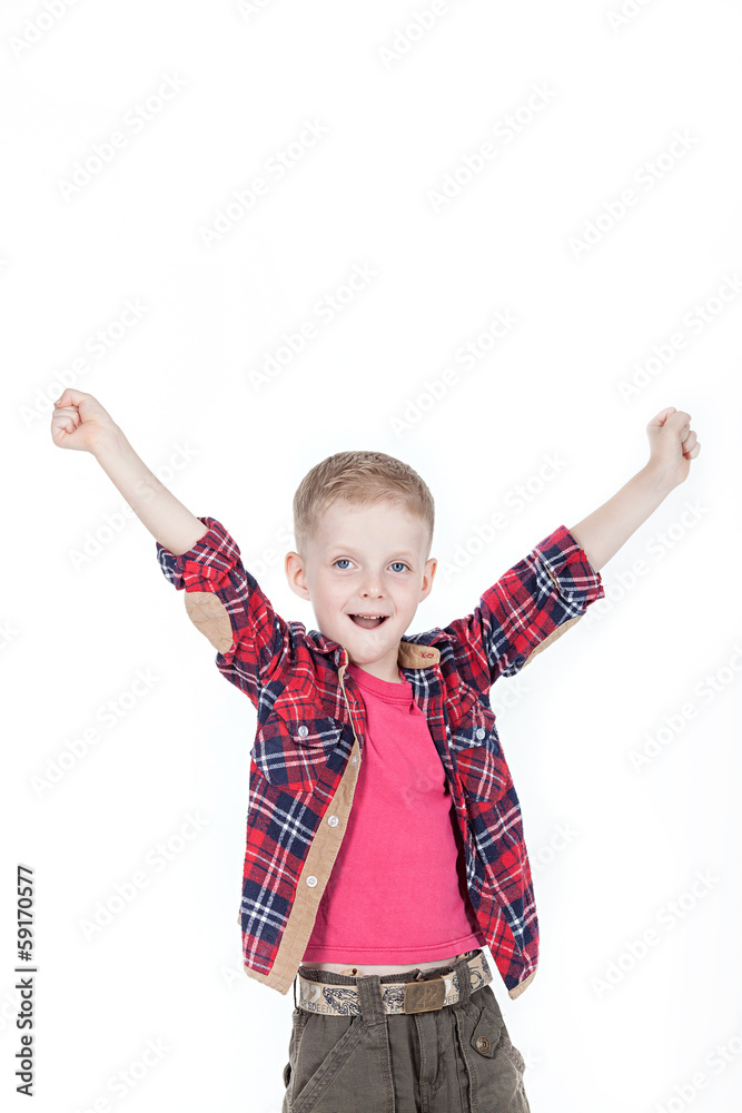 Portrait of happy boy with hands in pockets isolated on white ba Portrait of happy boy with hands in pockets isolated on white ba
