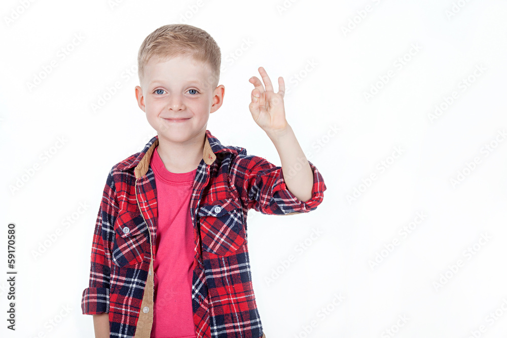 Portrait of happy boy with hands in pockets isolated on white ba Portrait of happy boy with hands in pockets isolated on white ba