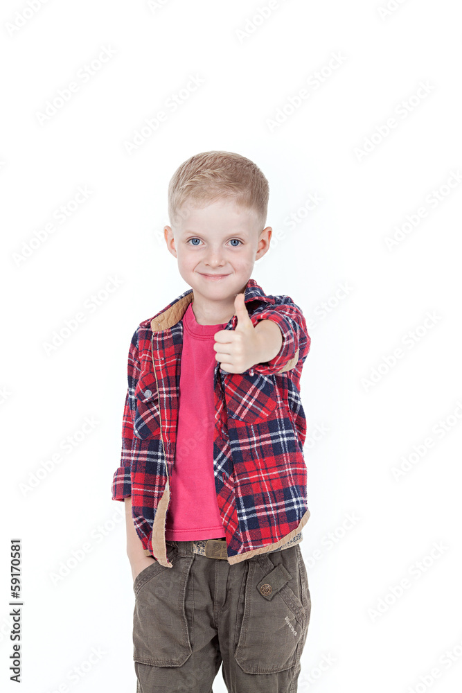 Portrait of happy boy with hands in pockets isolated on white ba Portrait of happy boy with hands in pockets isolated on white ba