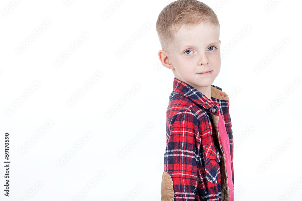 Portrait of happy boy with hands in pockets isolated on white ba Portrait of happy boy with hands in pockets isolated on white ba