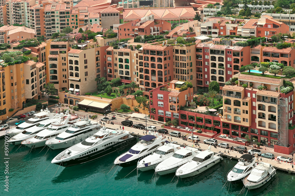 Yachts and modern buildings in Monte Carlo, Monaco.
