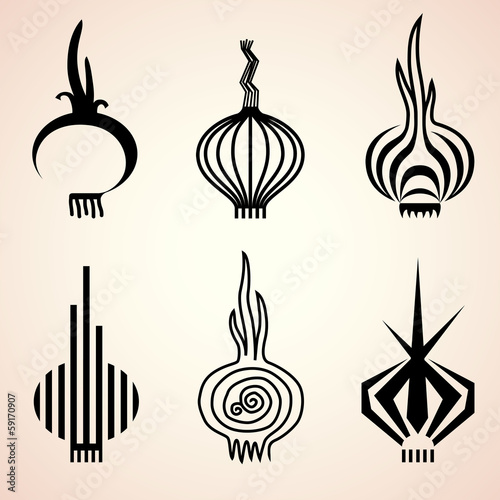 Set of onion icons in different graphic styles