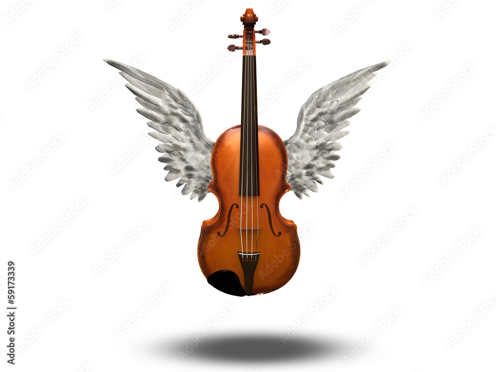 Fototapeta Violin with wings on white
