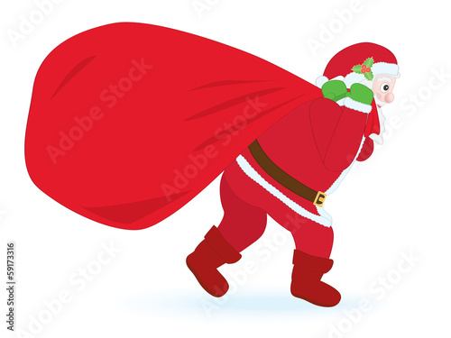 Santa Claus carrying huge sack with gifts