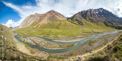 Panorama of twisting river Jil-Suu in Kirgizia photo