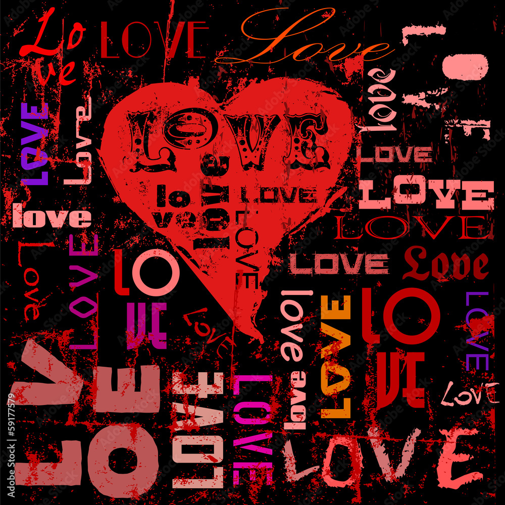 Obraz premium love illustration, hearts and words, grungy style, vector