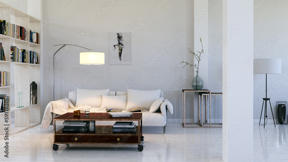 sofa in weißer wohnung - sofa in a loft apartment - obrazy, fototapety, plakaty 