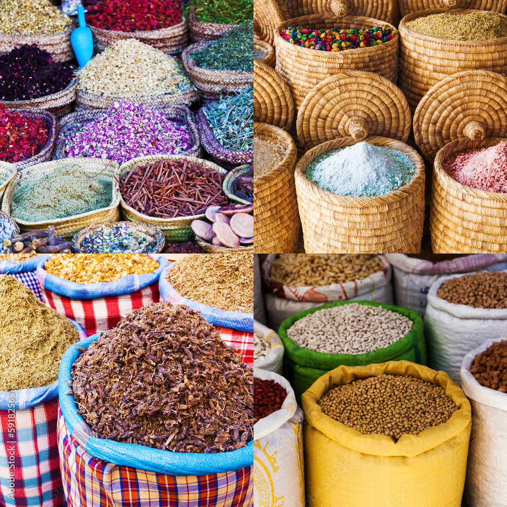 Collage mit Gewürzen vom orientalischen Markt in Marrakesch