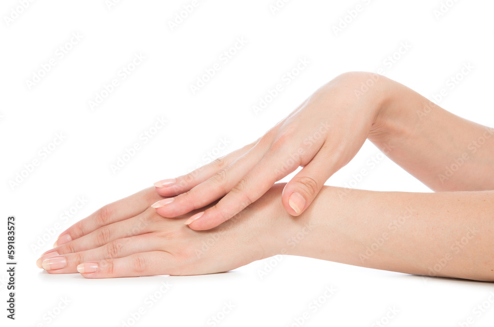 Beautiful woman hands with french manicure nails Beautiful woman hands with french manicure nails