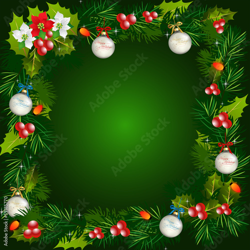 Christmas-Golden Background with Green Garland Border