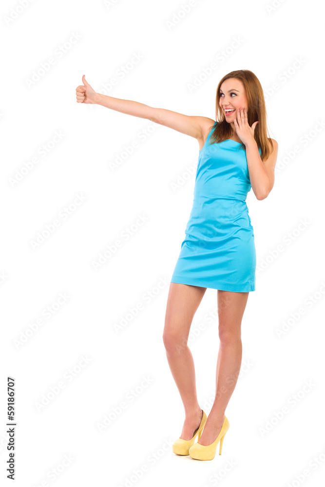 Elegance young woman showing thumb up. Elegance young woman showing thumb up.