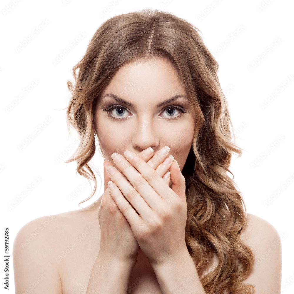 Close-up of a young woman looking surprised on white background Close-up of a young woman looking surprised on white background