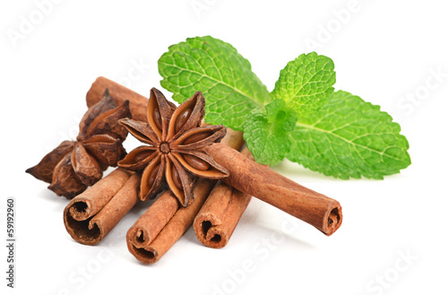 Leinwand Poster Sticks of cinnamon with mint and anise