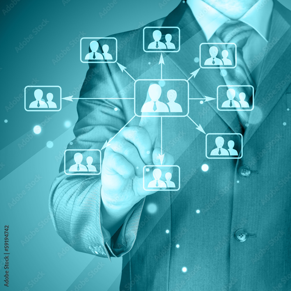 Businessman pressing modern social buttons Businessman pressing modern social buttons