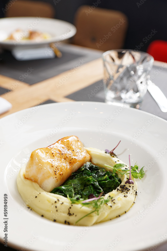 Fried fish fillet with potato mash