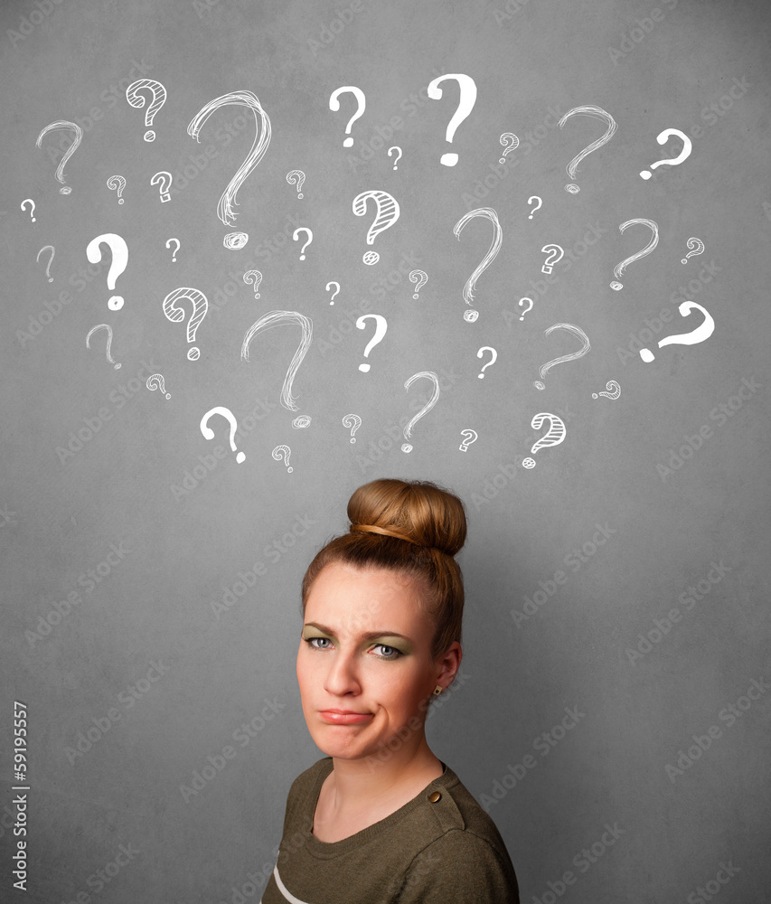 Young woman with question marks above her head Young woman with question marks above her head