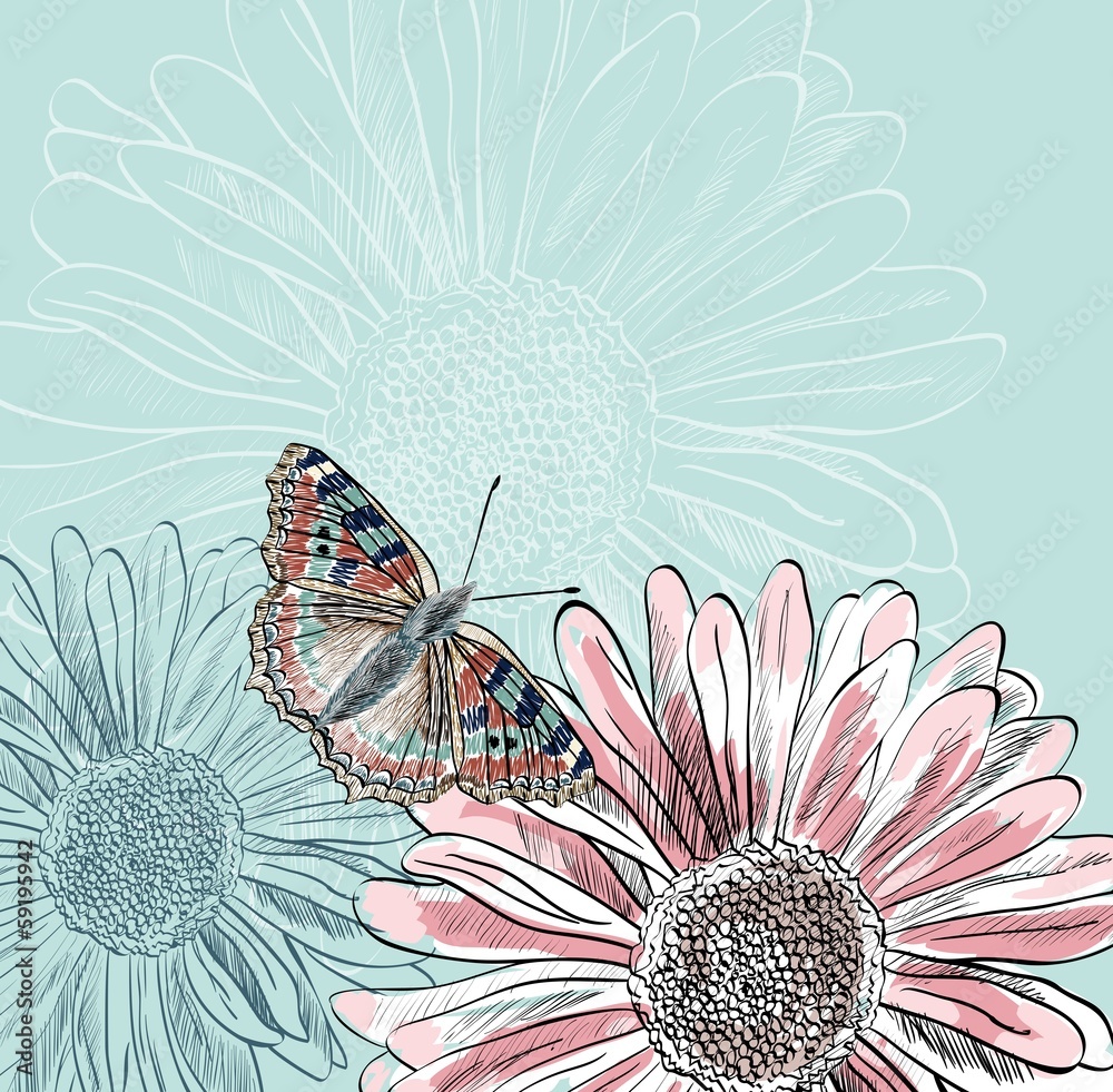 Naklejka Illustration of beautiful butterflies flying around flower.