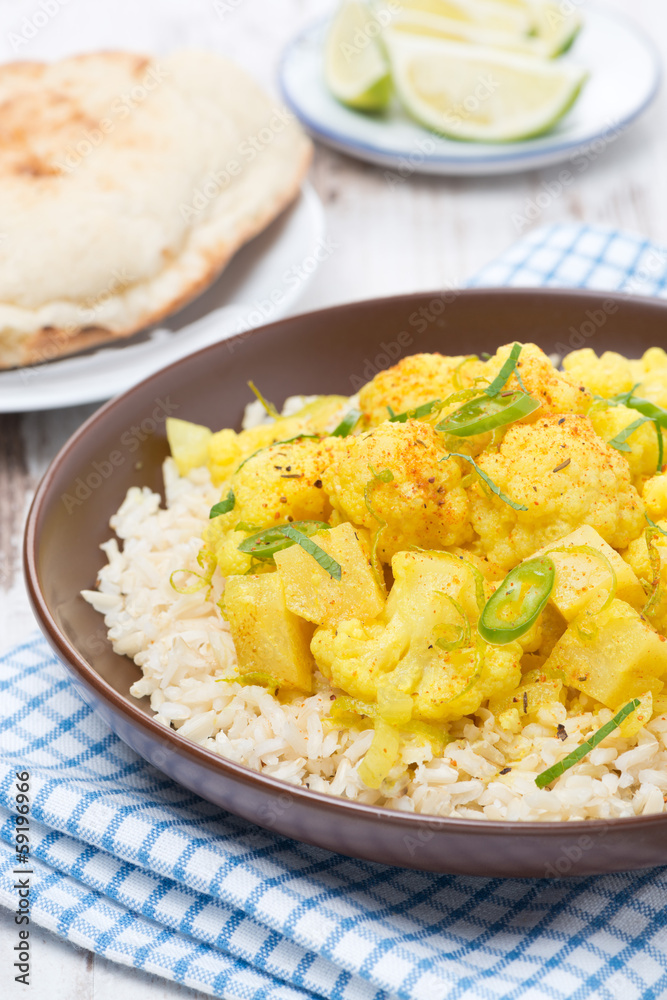 vegetable curry with cauliflower and rice, close-up vegetable curry with cauliflower and rice, close-up